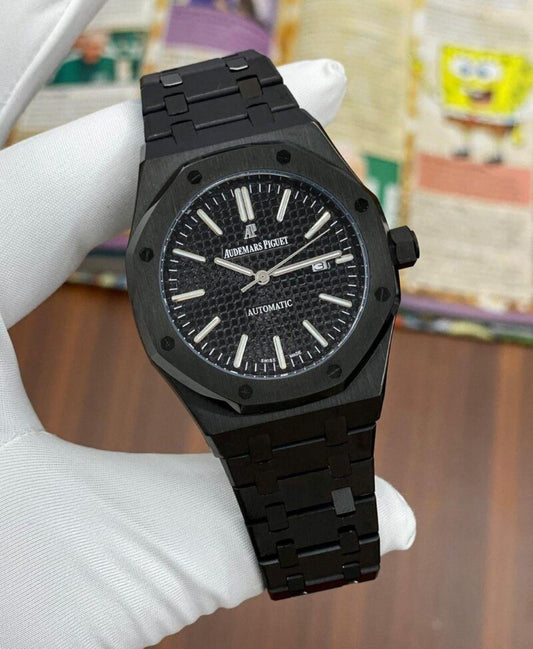 Premium Black Stainless Steel Automatic Watch Black Textured Dial Integrated Bracelet Luxury Watch – Men