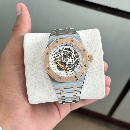 Premium Two-Tone Stainless Steel Skeleton Automatic Watch Silver & Rose Gold Open-Work Dial Luxury Watch – Men