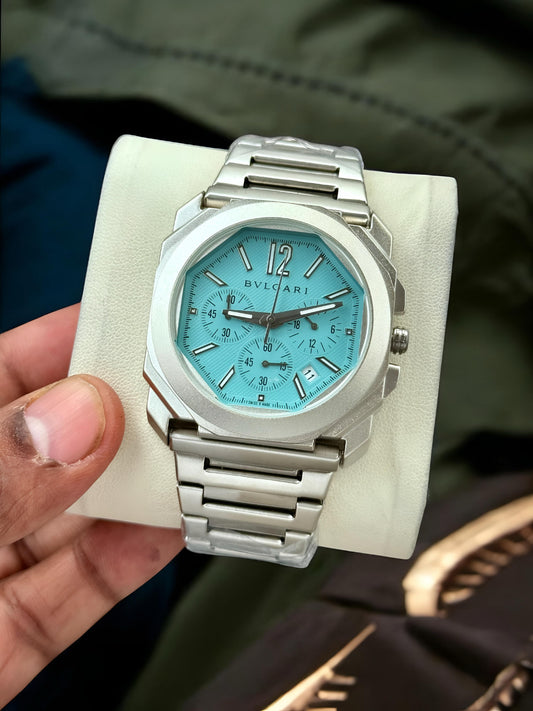 Premium Silver Chronograph Luxury Watch Ice Blue Textured Dial Octagonal Case Stainless Steel Bracelet Signature Luxury Watch – Men