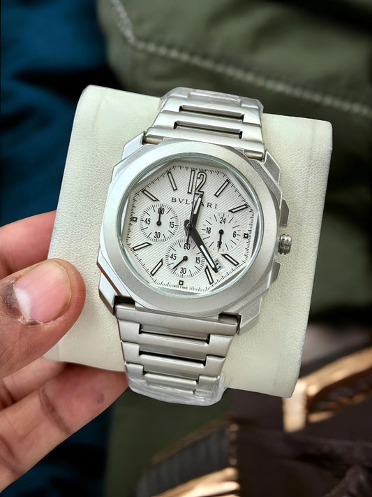 Premium Silver Chronograph Luxury Watch White Textured Dial Octagonal Case Stainless Steel Bracelet Signature Luxury Watch – Men