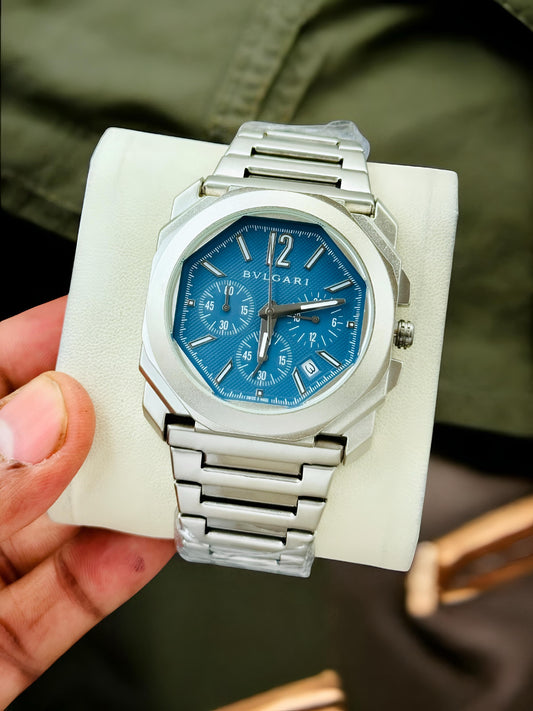 Premium Silver Chronograph Luxury Watch Blue Textured Dial Octagonal Case Stainless Steel Bracelet Signature Luxury Watch – Men