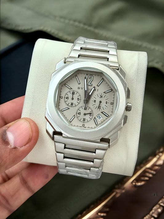 Premium Silver Chronograph Luxury Watch Ice Silver Textured Dial Octagonal Case Stainless Steel Bracelet Signature Luxury Watch – Men