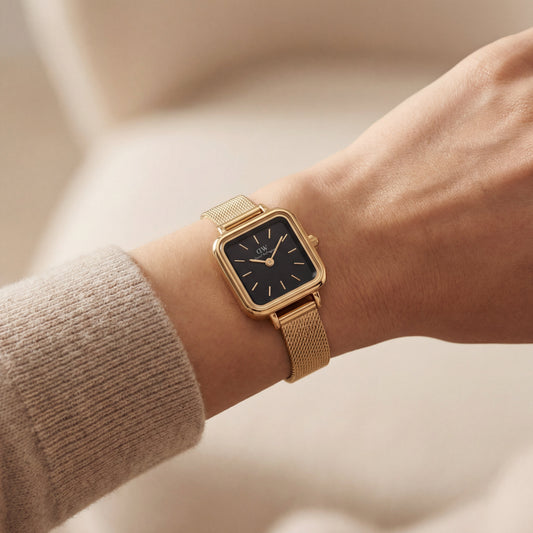 Gold Square Case Black Dial Mesh Strap Watch