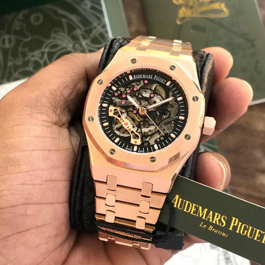 Premium Rose Gold Stainless Steel Skeleton Automatic Watch Open-Work Dial Octagonal Bezel Luxury Watch – Men