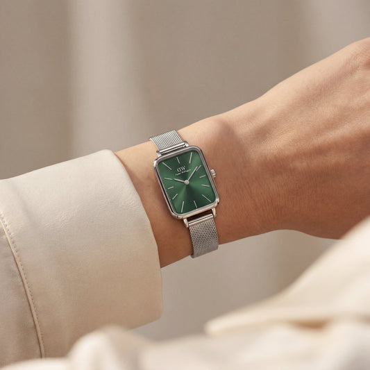 Emerald Green Rectangular Dial Silver Mesh Strap Minimal Watch