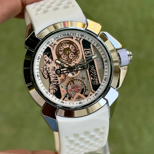 Premium Silver Skeleton Racing Sport Watch White Silicone Strap Luxury Sport Statement Watch – Men
