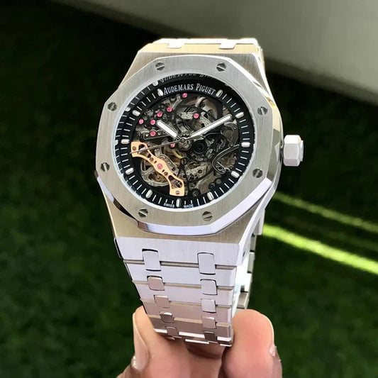 Premium Silver Stainless Steel Skeleton Automatic Watch Open-Work Dial Octagonal Bezel Luxury Watch – Men