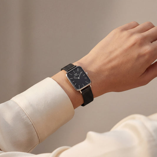 Silver Rectangular Black Dial Black Mesh Strap Watch