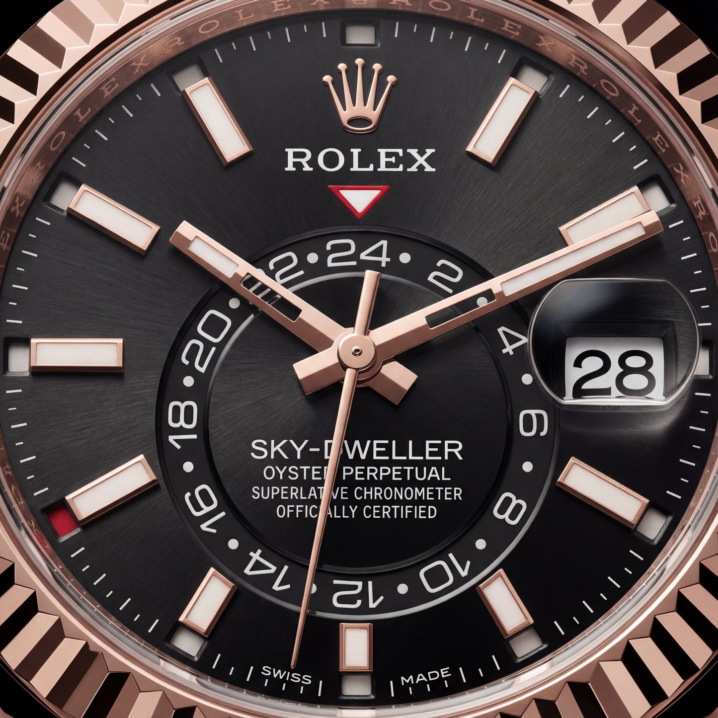 Rose Gold Black Dial Fluted Bezel Premium Men’s Watch with Rubber Strap