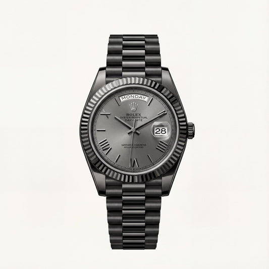 Slate Grey Fluted Bezel Day-Date Steel Watch