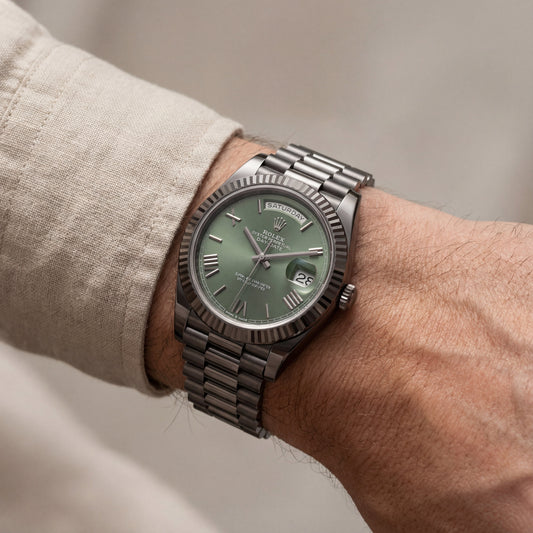 Forest Green Fluted Bezel Day-Date Steel Watch