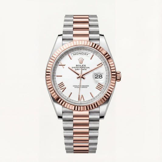 Rose Gold Fluted Bezel Day-Date Steel Watch