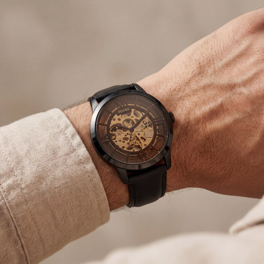 Black Skeleton Automatic Men’s Watch with Black Leather Strap