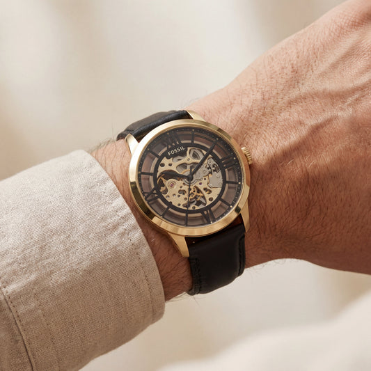 Gold Skeleton Automatic Men’s Watch with Black Leather Strap