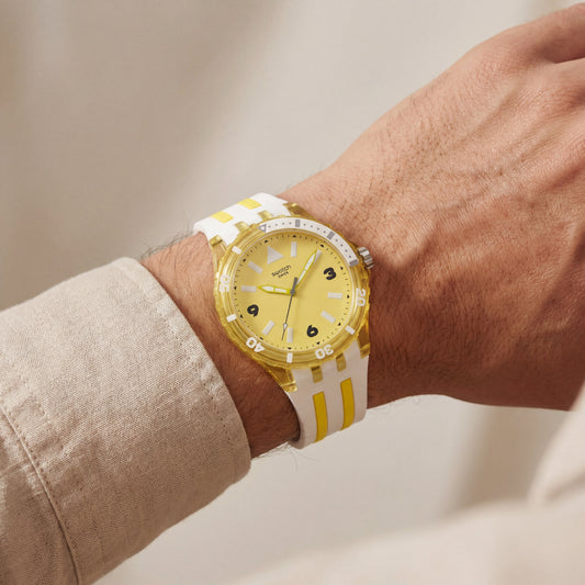 Yellow Transparent Sport Men’s Watch with White Silicone Strap