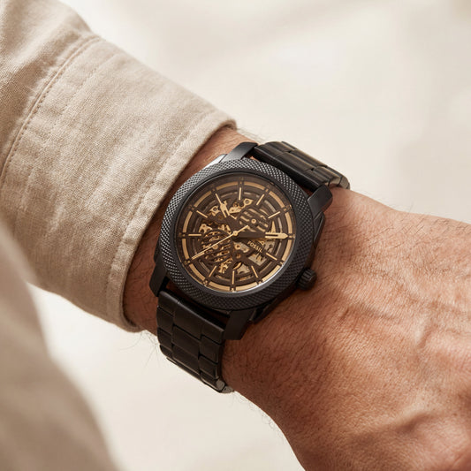 All-Black Skeleton Automatic Men’s Watch with Gold Mechanism