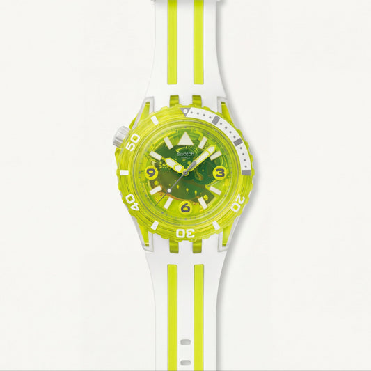 Neon Green Transparent Dive-Style Men’s Watch with White Sport Strap
