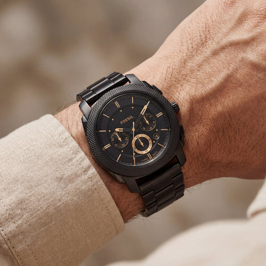 All-Black Chronograph Men’s Watch with Gold Accents