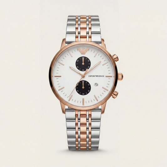 Rose Gold & Silver Dual-Tone Chronograph Men’s Watch with White Dial