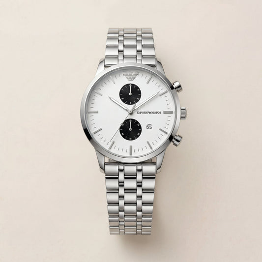 Silver Stainless Steel Chronograph Men’s Watch with White Dial