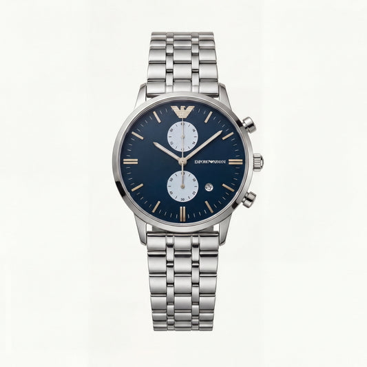 Silver Stainless Steel Chronograph Luxury Women’s Watch with Deep Blue Dial