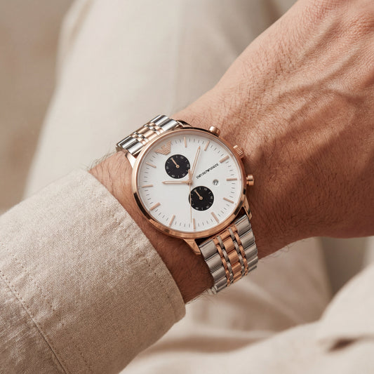 Rose Gold & Silver Dual-Tone Chronograph Men’s Watch with White Dial