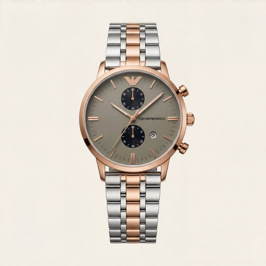 Rose Gold & Silver Chronograph Men’s Watch with Olive Grey Dial