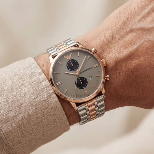 Rose Gold & Silver Chronograph Men’s Watch with Olive Grey Dial