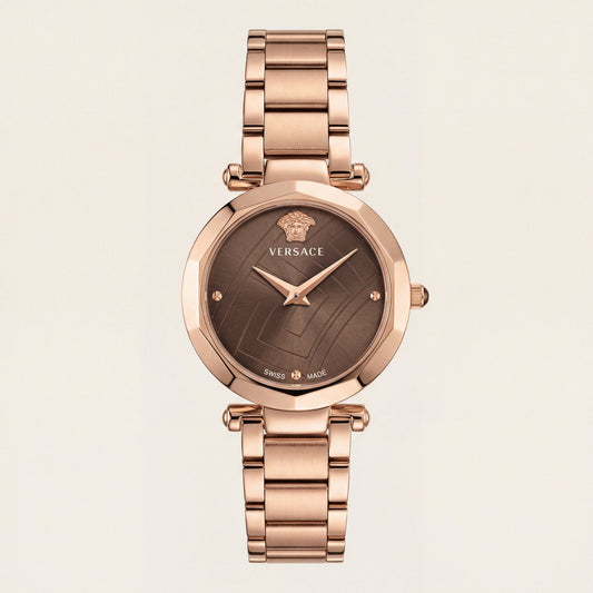 Rose Gold Stainless Steel Case Brown Textured Dial Luxury Medusa Bracelet Watch – Women