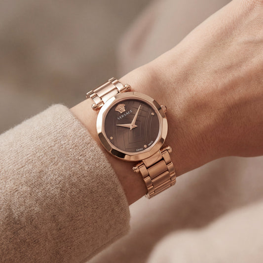 Rose Gold Stainless Steel Case Brown Textured Dial Luxury Medusa Bracelet Watch – Women