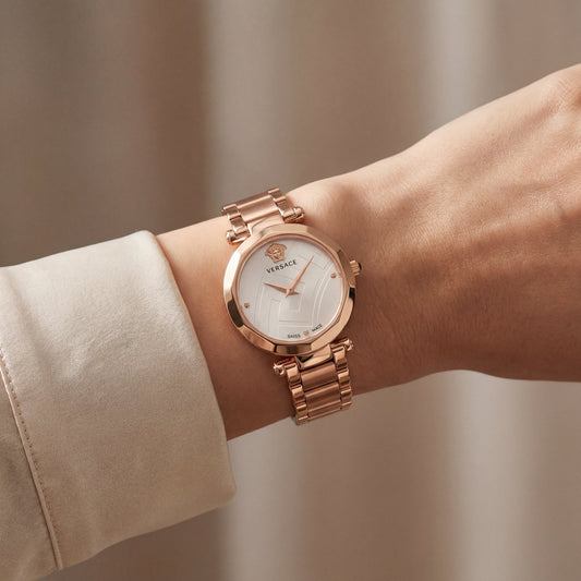 Rose Gold Stainless Steel Case Ivory White Dial Luxury Medusa Bracelet Watch – Women