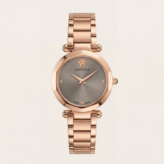 Rose Gold Stainless Steel Case Satin Silver Dial Luxury Medusa Bracelet Watch – Women