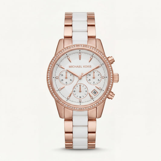 Rose Gold Crystal Bezel Chronograph White Bracelet Watch