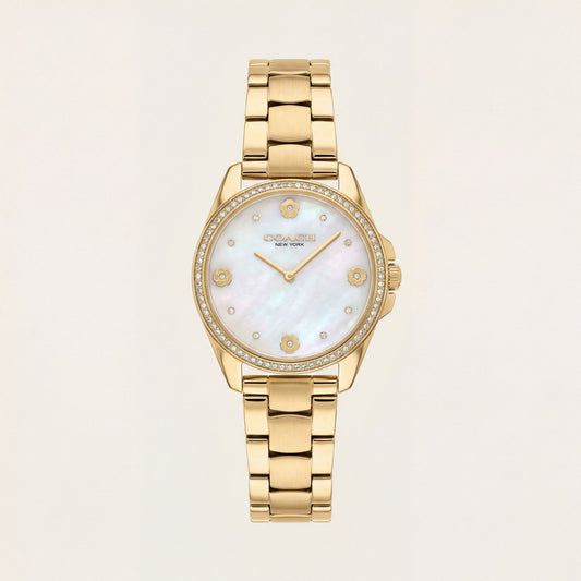 Gold Tone Crystal Bezel Mother of Pearl Floral Dial Elegant Bracelet Watch