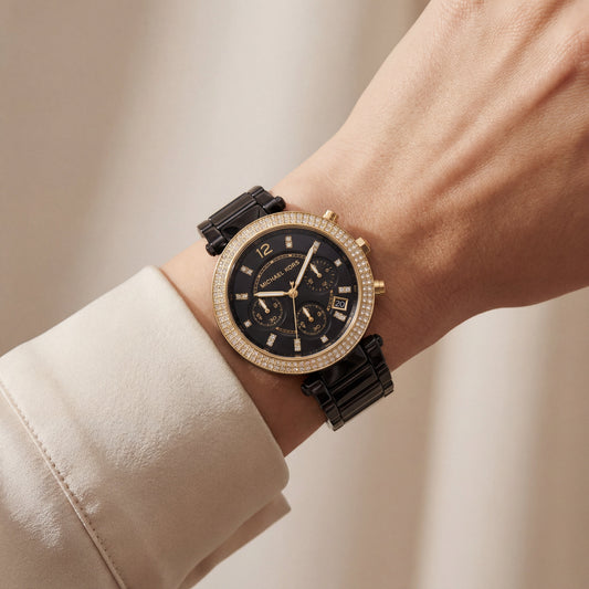 Black & Gold Crystal Chronograph Watch – Luxe Contrast Statement Edition