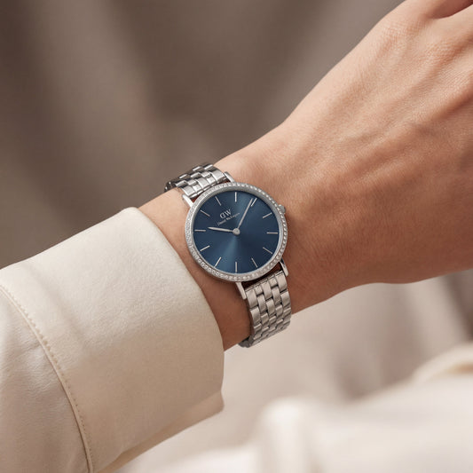 Midnight Blue Crystal Bezel Watch – Silver Radiance Edition