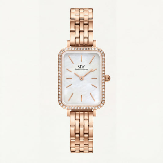 Pearl Rectangle Crystal Watch – Rose Gold Elegance Edition