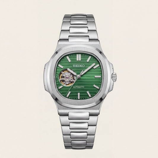 Silver Green Dial Open-Heart Automatic Steel Watch