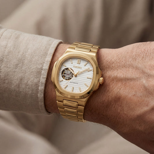 Gold Ivory Dial Open-Heart Automatic Steel Watch