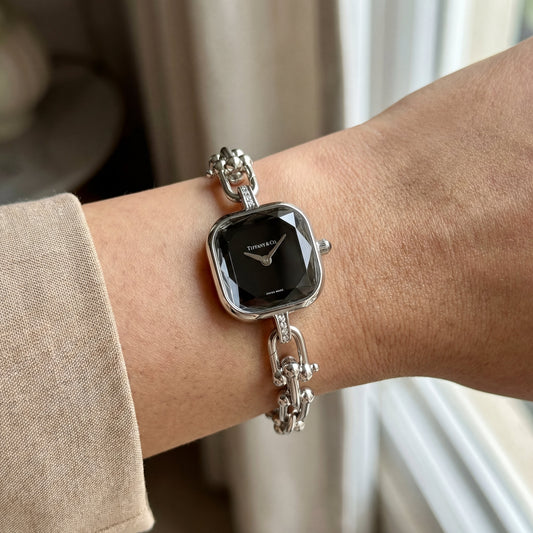 Silver Square Case Midnight Black Faceted Dial Jewelry Bracelet Watch – Women