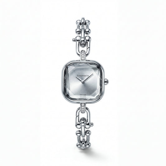 Silver Square Case Crystal Faceted Dial Jewelry Bracelet Watch – Women