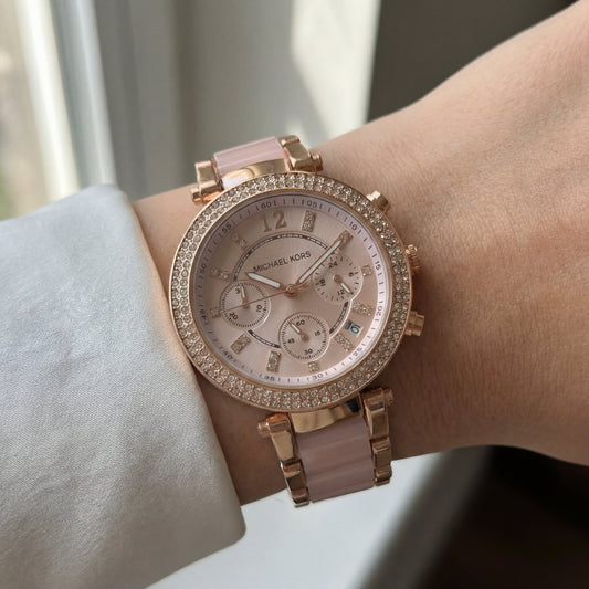 Rose Gold Crystal Bezel Blush Chronograph Dial Luxury Bracelet Watch – Women