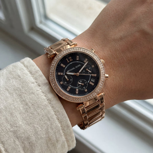 Rose Gold Crystal Bezel Black Chronograph Luxury Bracelet Watch – Women