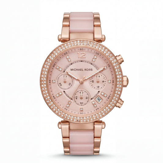 Rose Gold Crystal Bezel Blush Chronograph Dial Luxury Bracelet Watch – Women