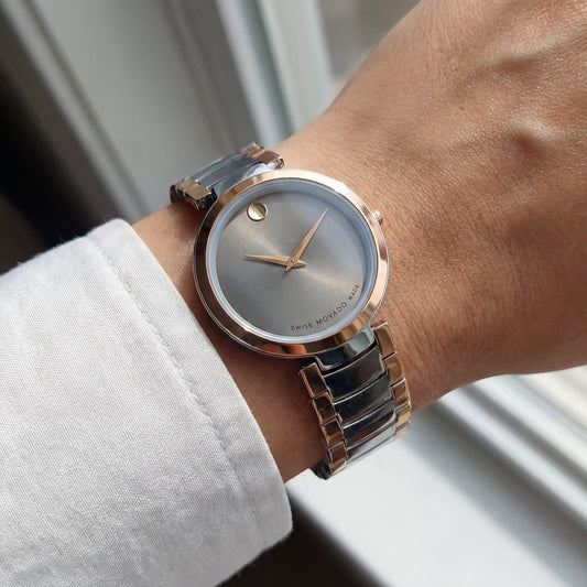 Two-Tone Steel & Rose Gold Minimalist Grey Sunray Dial Luxury Bracelet Watch – Women