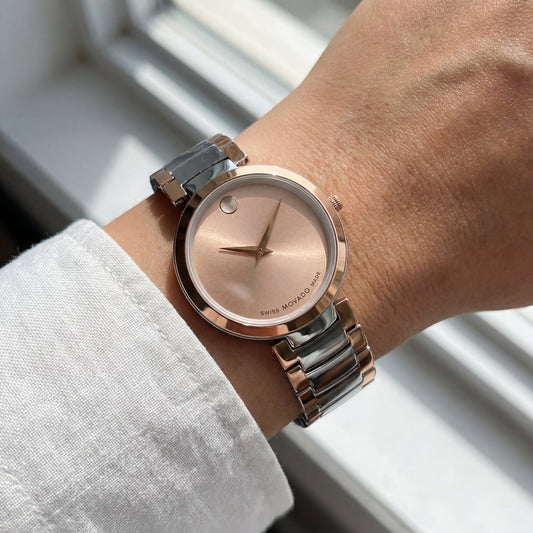 Two-Tone Steel & Rose Gold Minimalist Champagne Sunray Dial Luxury Bracelet Watch – Women