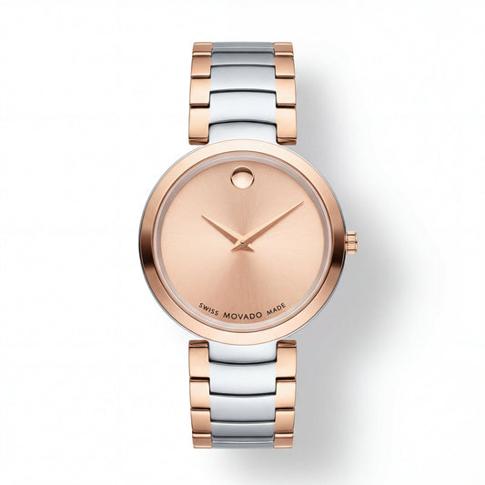 Two-Tone Steel & Rose Gold Minimalist Champagne Sunray Dial Luxury Bracelet Watch – Women