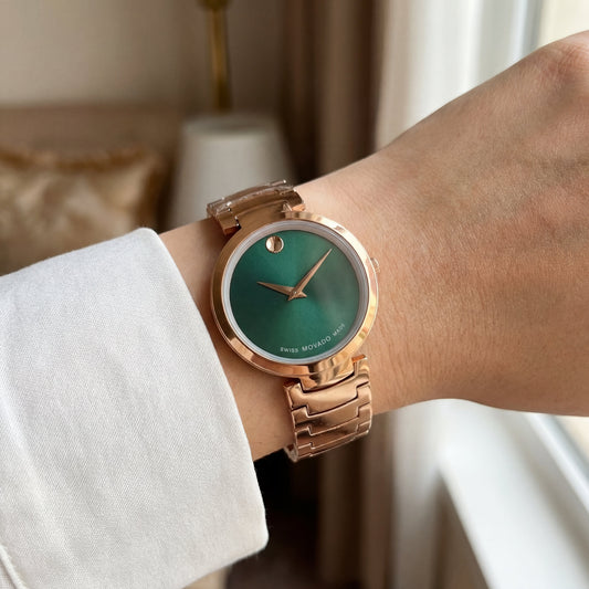 Rose Gold Minimalist Emerald Green Sunray Dial Luxury Bracelet Watch – Women