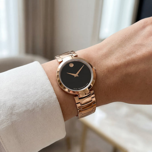 Rose Gold Minimalist Black Dial Luxury Bracelet Watch – Women