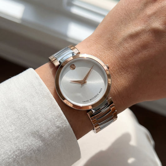 Two-Tone Steel & Rose Gold Minimalist Silver Sunray Dial Luxury Bracelet Watch – Women